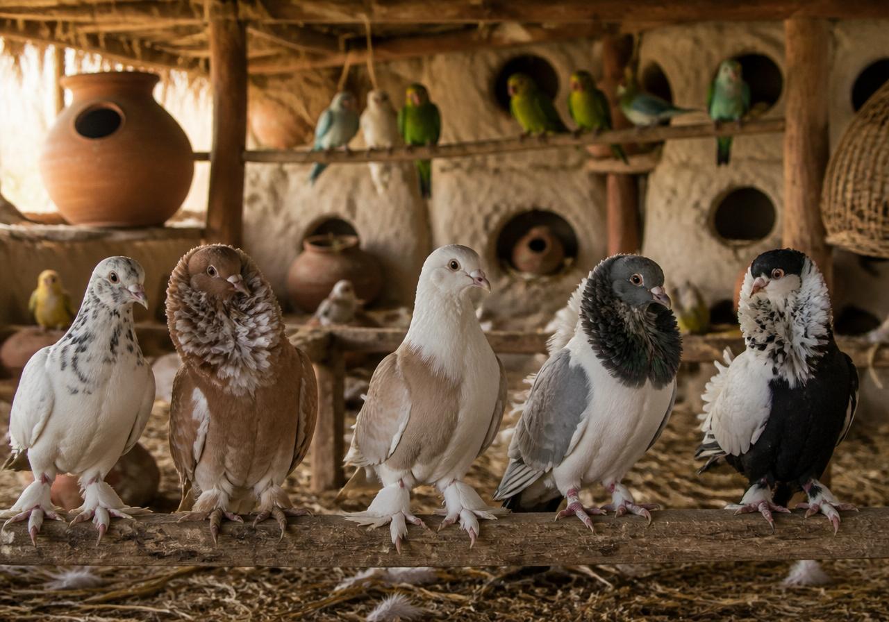 Ornamental birds inside a rustic aviary in Khanpur, Pakistan